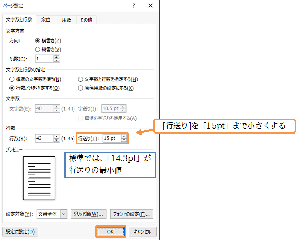 (03)[行送り]を小さくしましょう。「15pt」にします。